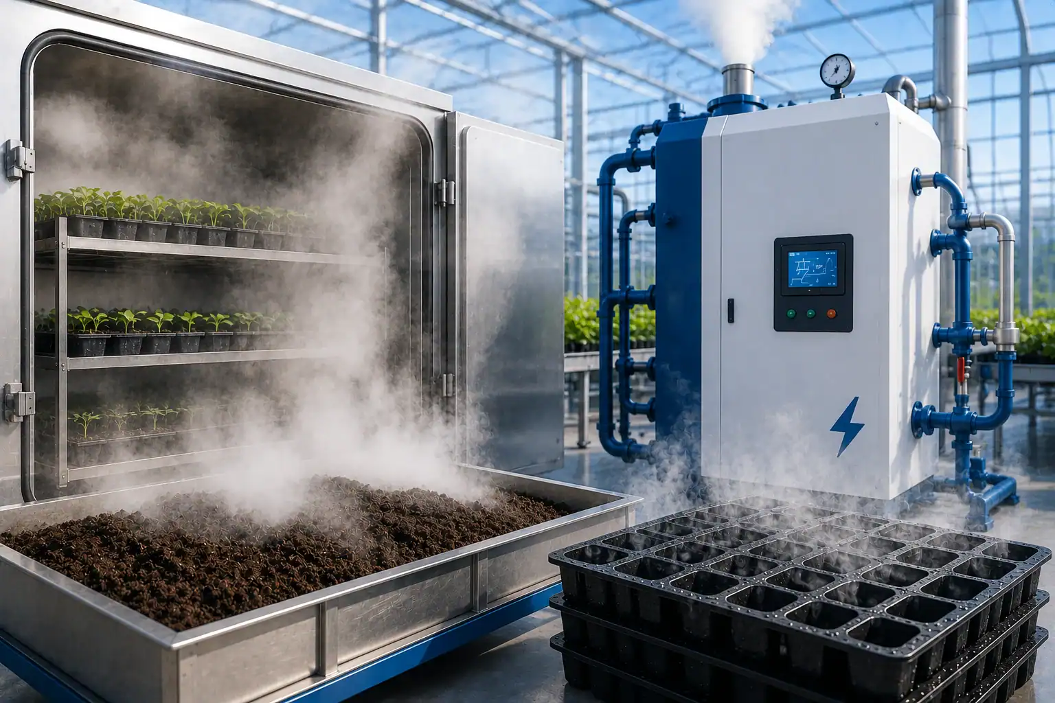 Desinfección de sustrato y bandejas con vapor: por qué el calor está sustituyendo a los fumigantes químicos